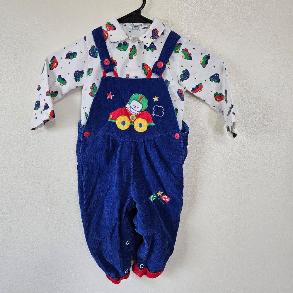 Vintage 90s Colorblock Primary Color Car Racing Romper Shirt Overalls 18 Months